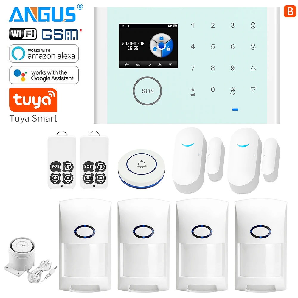 

ANGUS Tuya 433Mhz WIFI GSM Home Security Alarm System Compatible with Alexa Wireless Burglar Alarm App Control Detector