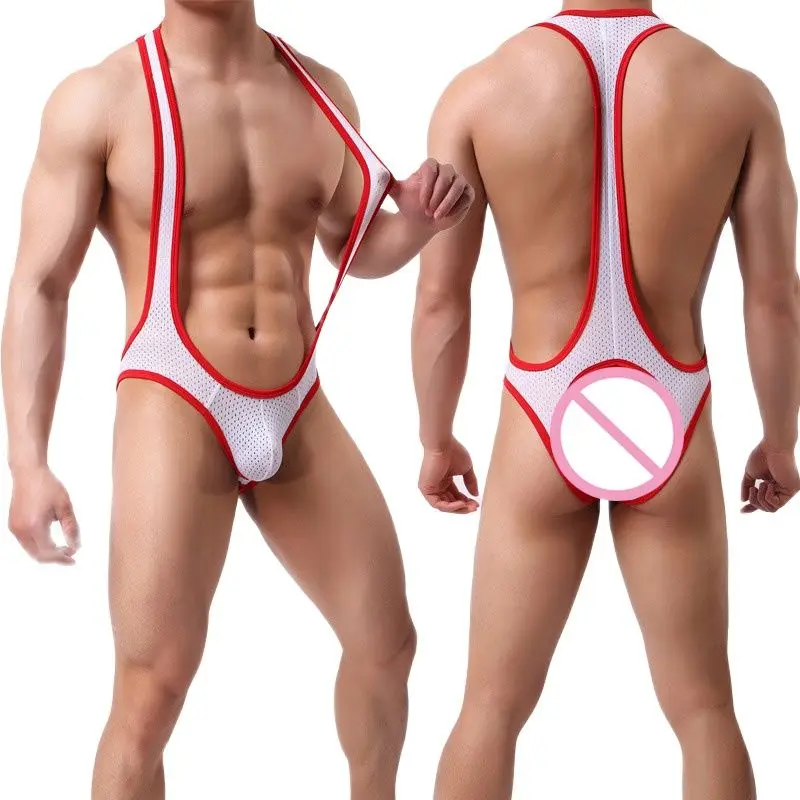 CLEVER-MENMODE Sexy Lingerie Mesh Bodysuit Mens Jockstrap Backless One Piece Wrestling Singlet Body Suit Briefs Bondage Mankini