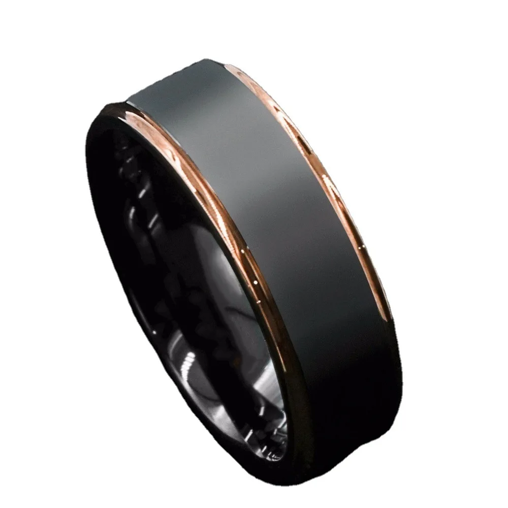 8mm Black Brushed Rose Gold Plated Rimmed Titanium Steel Ring Charm Men\'s Wedding Ring Jewelry Gift Cocktail Ring Size Us6-13