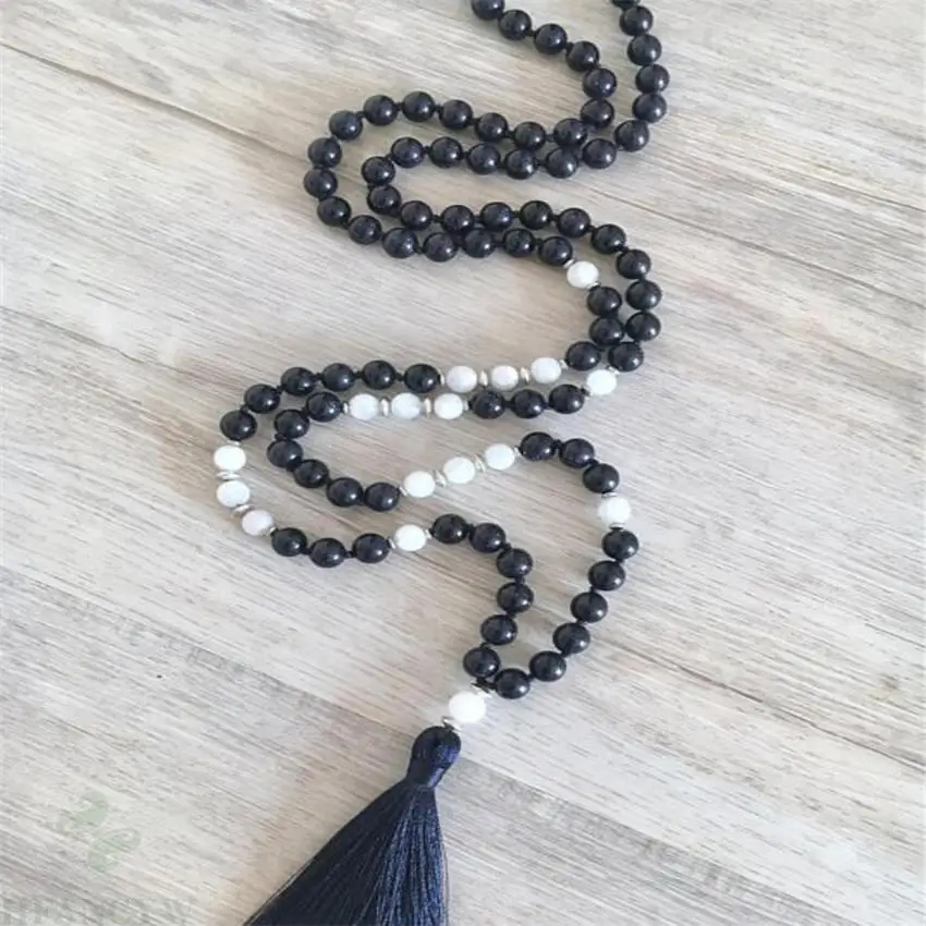 8mm Blue Sandstone Gemstone Mala Tassel necklace 108Bead energy chain Handmade Reiki Buddhist Stress Meditation spirituality Men