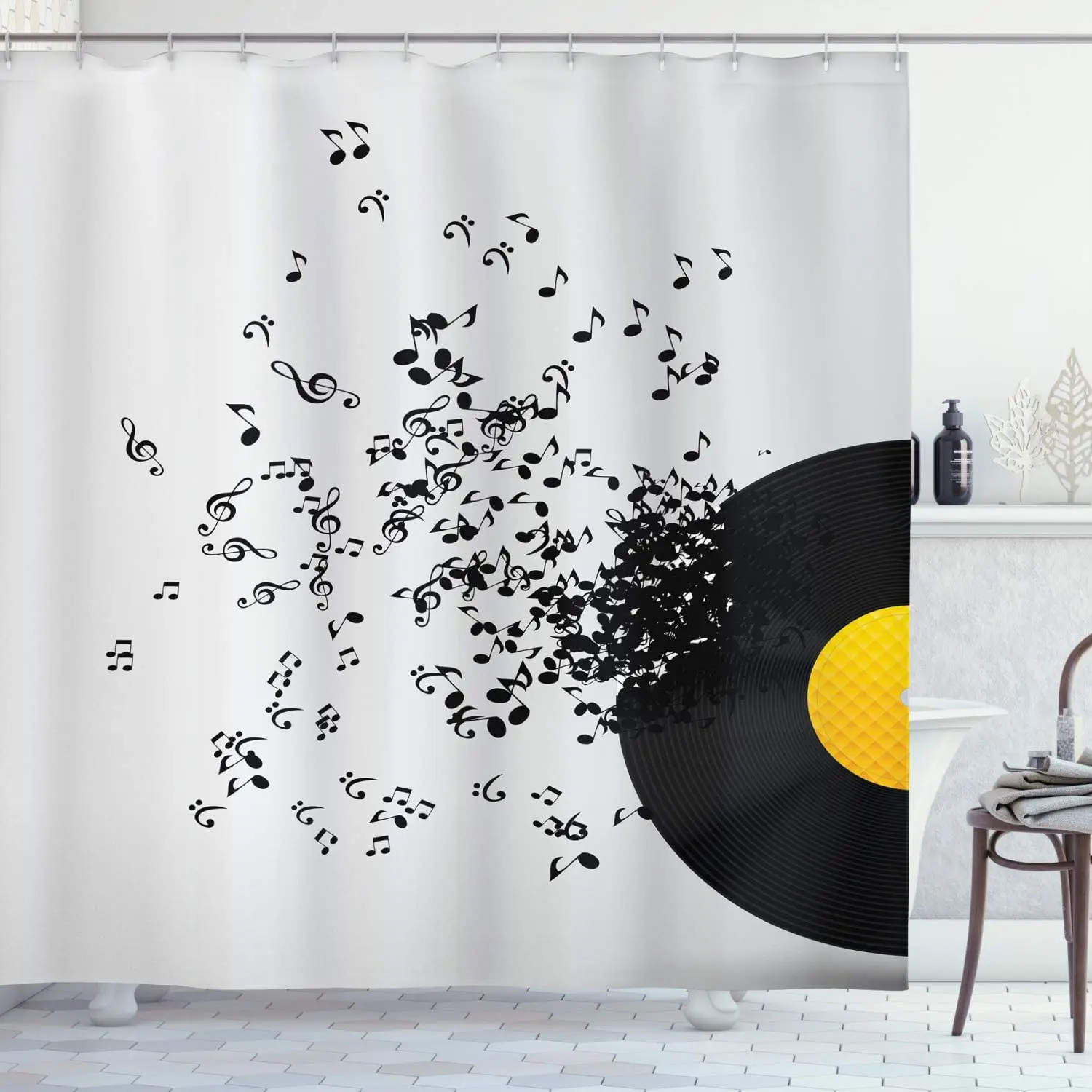 Music Shower Curtains Abstract Design Flying Music Notes Disc Album Dancing Nightclub Print Fabric Bathroom Decor Set with Hooks