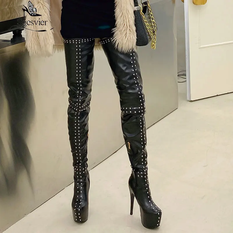 Sgesvier Women Thigh High Boots Sexy Studded Stiletto Heels Round Toe White Black Club Wear Shoes Women Over The Knee Boots