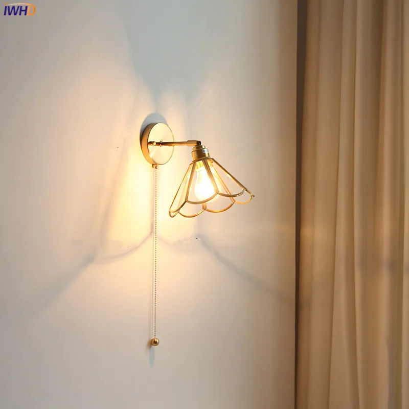 

IWHD Modern Glass LED Wall Light Fixtures Copper Lampshade Pull Chain Switch Bathroom Mirror Nordic Wall Sconce Wandlamp