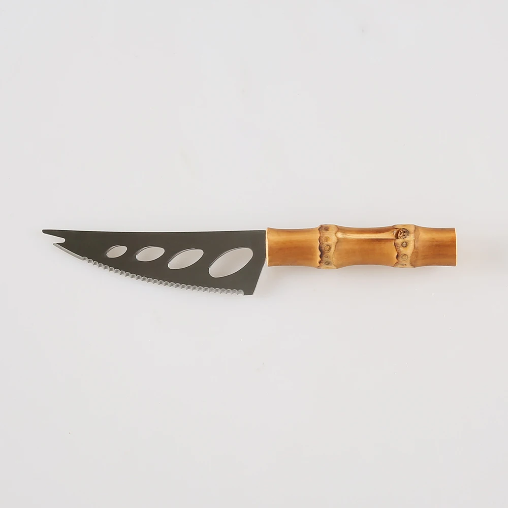 Stainless Steel Serrated Hollowed Holes Bamboo Root Wooden Handle Toast Pizza Dessert Cake Cheese Bread Mini Small Forking Knife