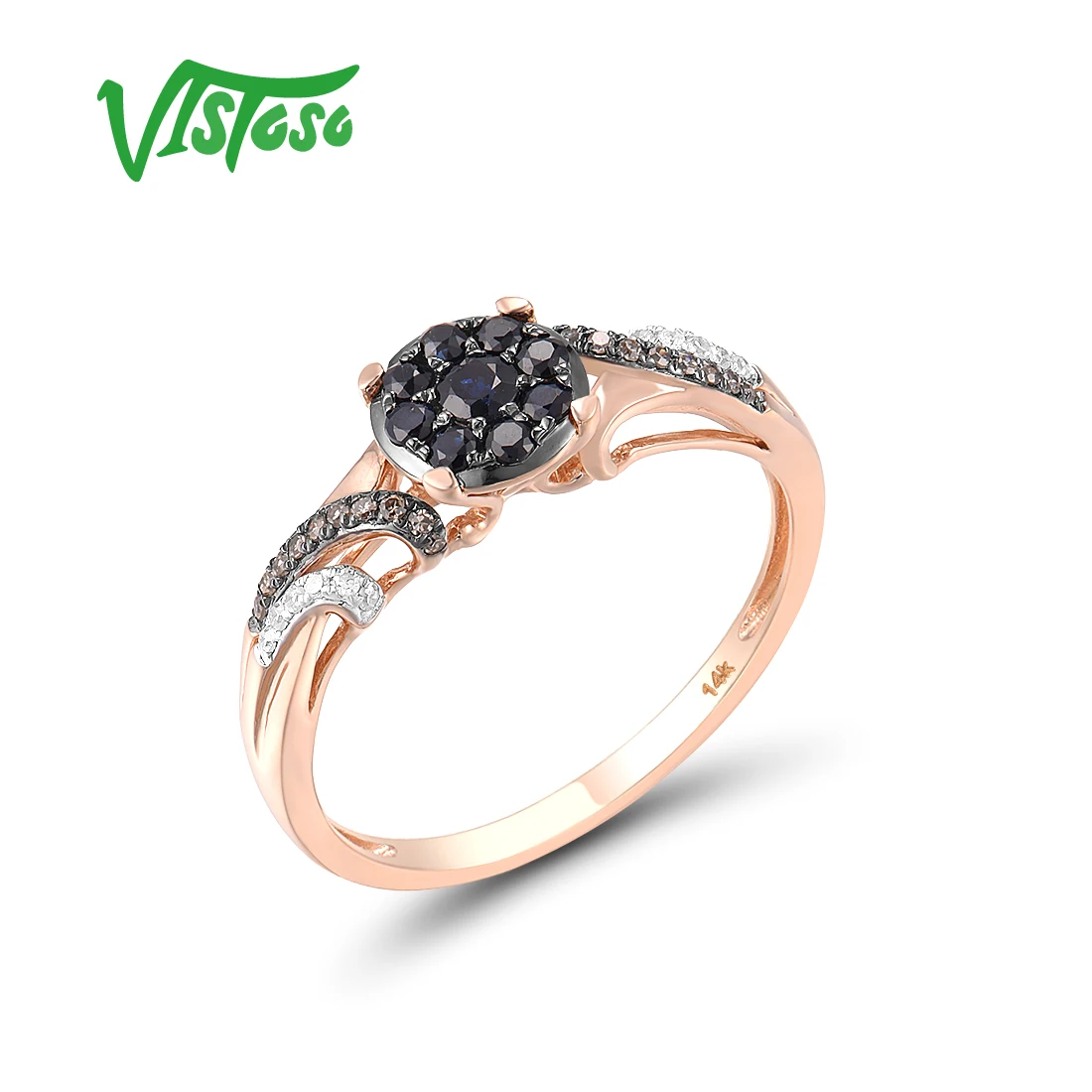 VISTOSO Genuine 14K 585 Rose Gold Ring For Women Sparkling Blue Sapphire Diamond Brown Diamond Round Ring Classic Fine Jewelry