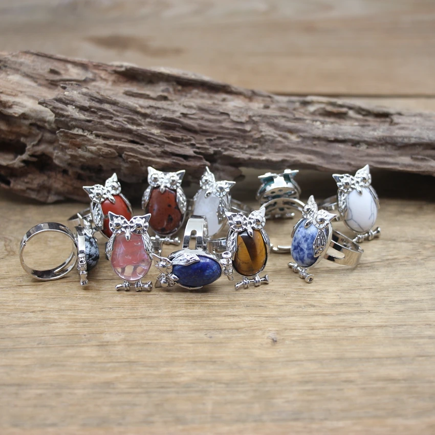 

Lovely Owl Natural Stone Resizable Ring Lapis Amethysts Tiger eye Turquoises Cabochon Finger Rings Women Fashion Jewelry,QC4053