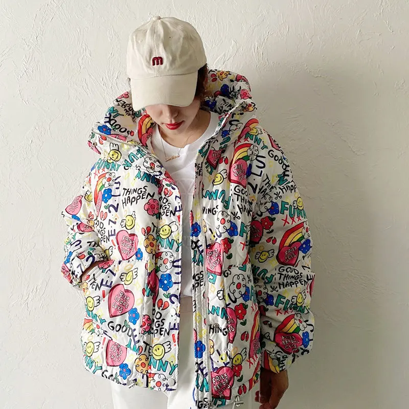 Chaqueta de plumón de pato blanco con graffiti para mujer, abrigo corto holgado con capucha y estampado, ropa de moda de estilo coreano para invierno, 2021