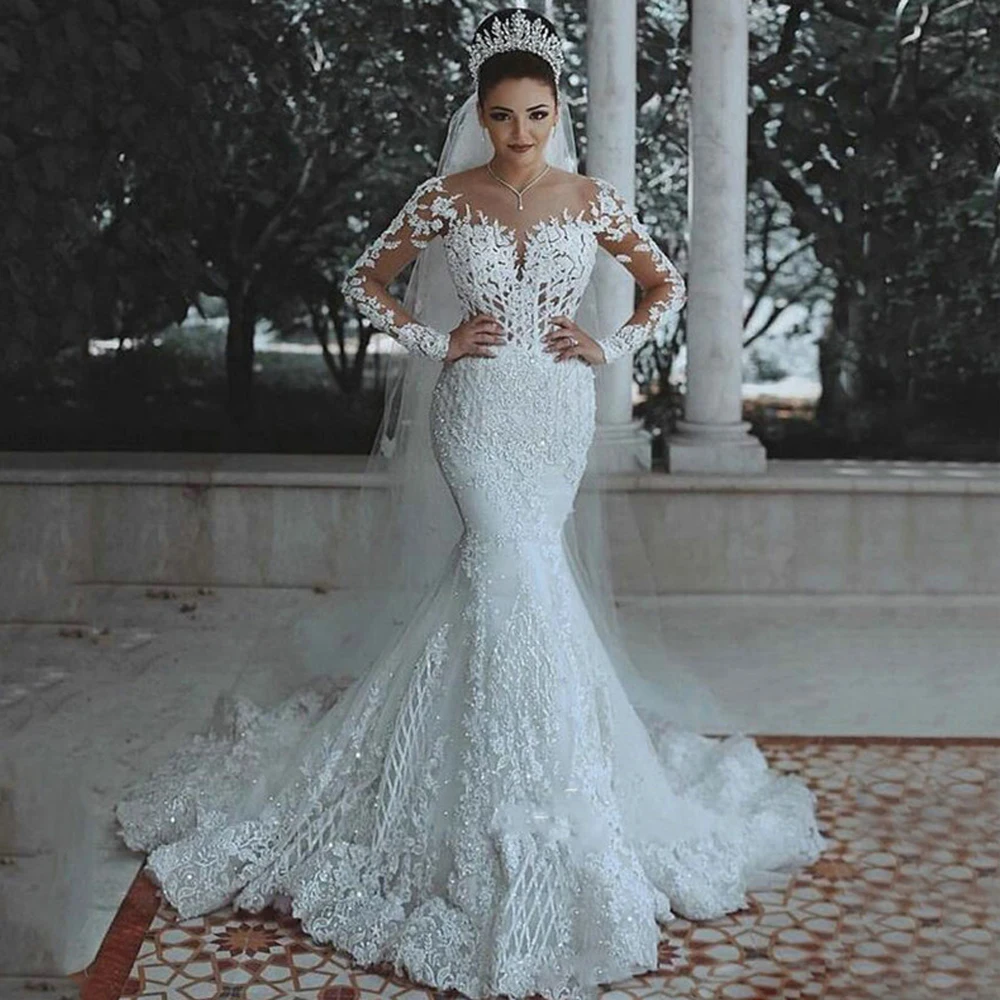 Vestido de novia de sirena de encaje árabe saudita de Dubái de lujo, vestidos de novia de manga larga con ilusión Sexy, vestidos de novia con cuentas de cristal