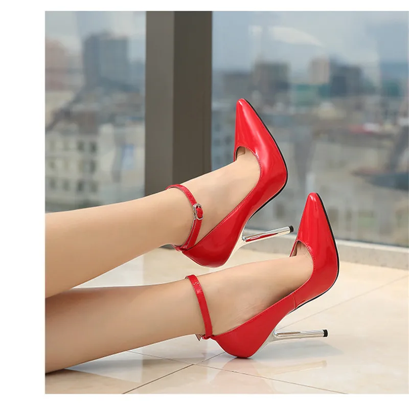 Classic Heels Women's Shoes 13cm Party Gold-plated Heel Ankle Strap Female Shoes Pointy Toe PU Leather Stiletto Pumps Black Blue