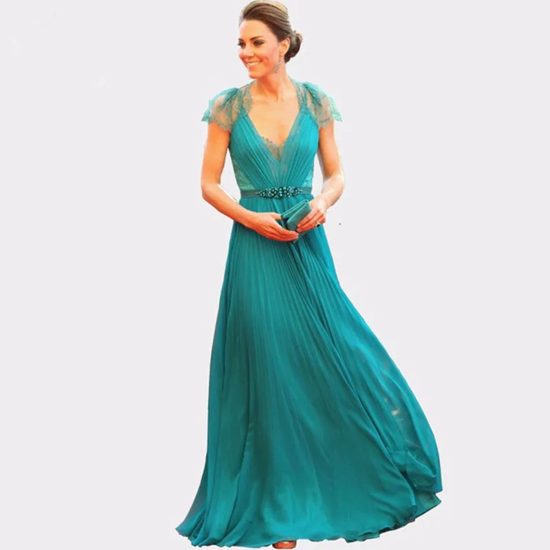 Mint Green Formal Celebrity Dresses A-line V-neck Cap Sleeves Chiffon Lace Long Evening Dresses Famous Red Carpet Dresses