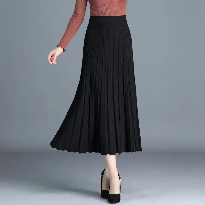 Thickened Knitting Skirt Autumn and Winter Women\'s Pleated Skirt Long A- line Skirt Woman Skirts Mujer Faldas Saias Mulher