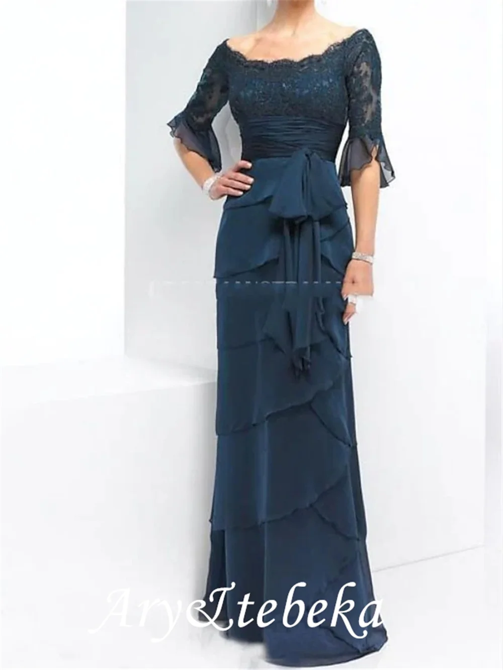 Moeder Van De Bruid Jurk Elegante Off Shoulder Floor Lengte Chiffon Kant Half Sleeve Met Sash/Lint Boog (S) applicaties 2021