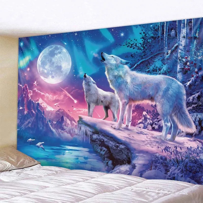 Psychedelic animal wolf moon art 3D printing wall hanging tapestry hippie bohemian home wall decoration art yoga mat beach mat