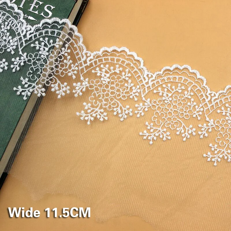 11.5CM Wide Luxury Tulle White Mesh Floral Embroidery Lace Ribbon Wedding Dresses Veil Clothing African Lace Fabric 2021