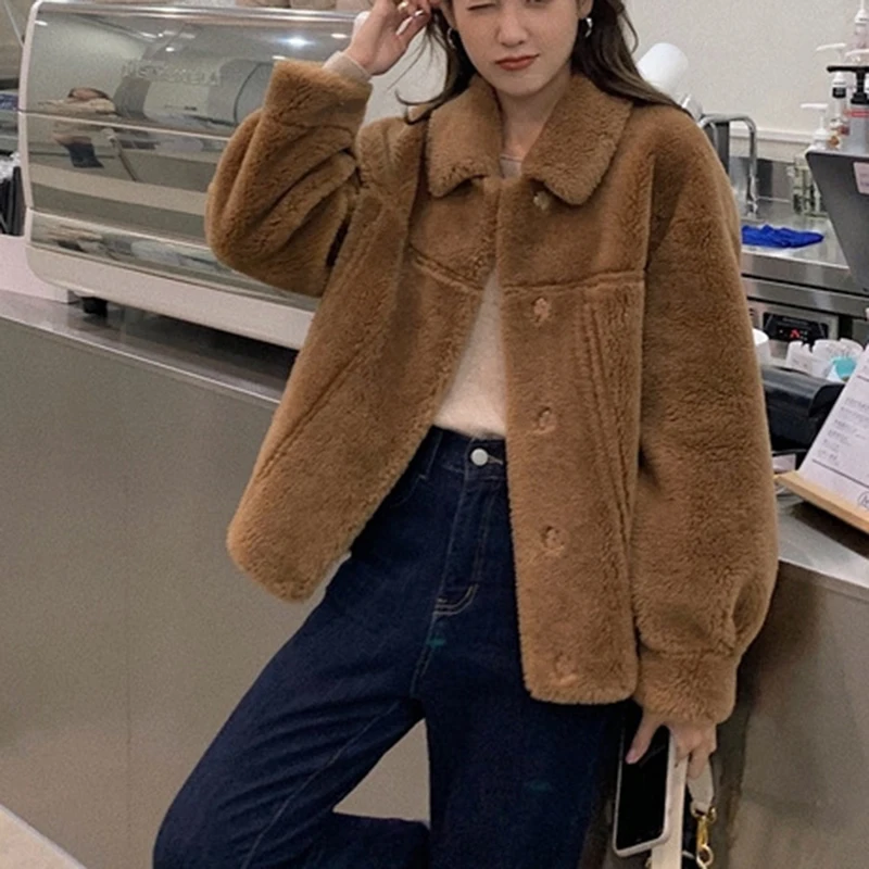 100% Wool Coat 2022 Autumn Winter Women Solid Lamb Fur Jacket Mujer One Fur Thick Warm Korean Sheep Shearing Short Manteau Femme