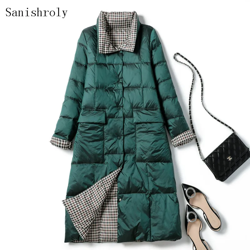 Double Sided Coat 2021 Autumn Winter Women Long Plaid Down Jacket Female Single-breasted Warm Light White Duck Down Coats Parka