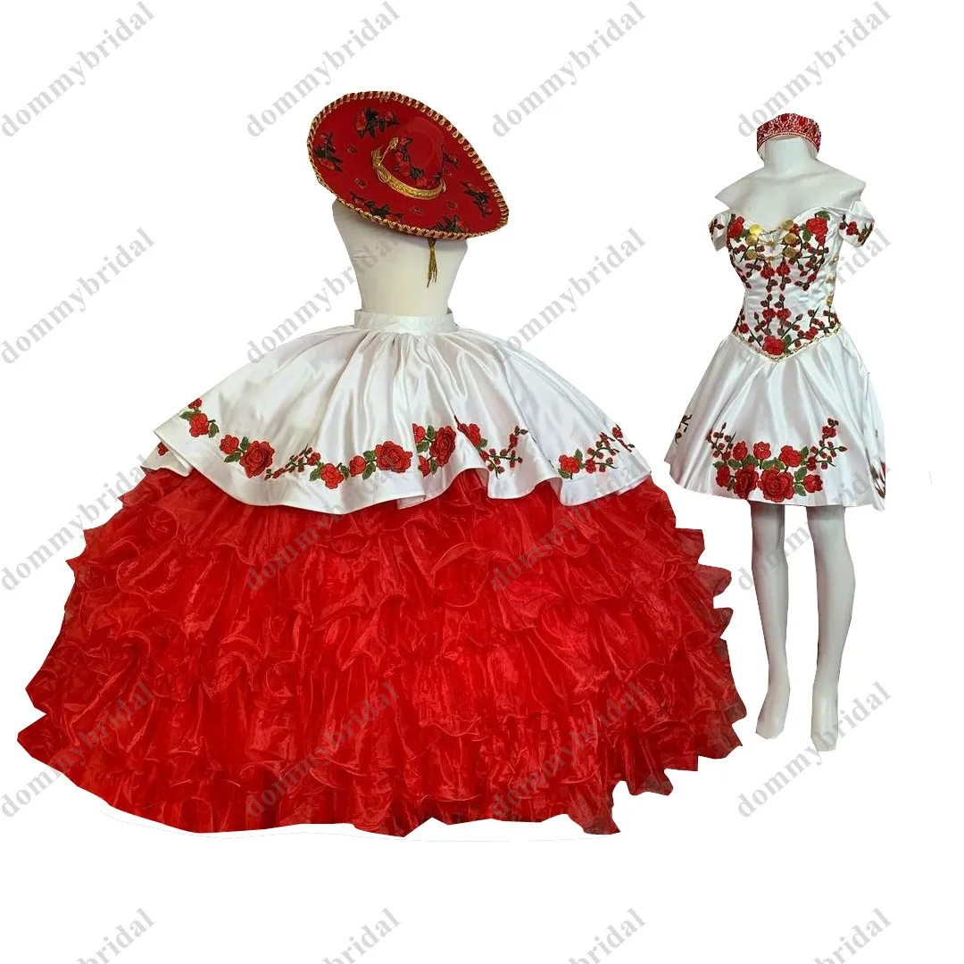 2023 Modest Red and White 2 in 1 Puffy Ball Gown Quinceanera Dresses Gold Buttons Floral Flowers Two Piece Prom Party Dress XV