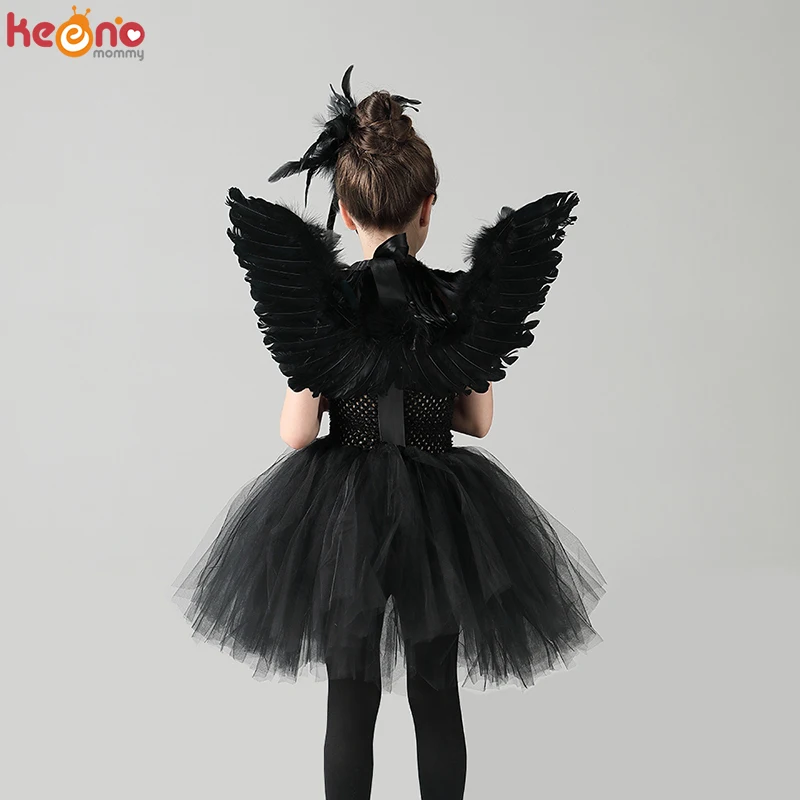 Black Swan Girls Tutu Dress with Feather Wing and Hair Clip Evil Queen Kids Halloween Carnival Party Costume Ballet Tutu Dress