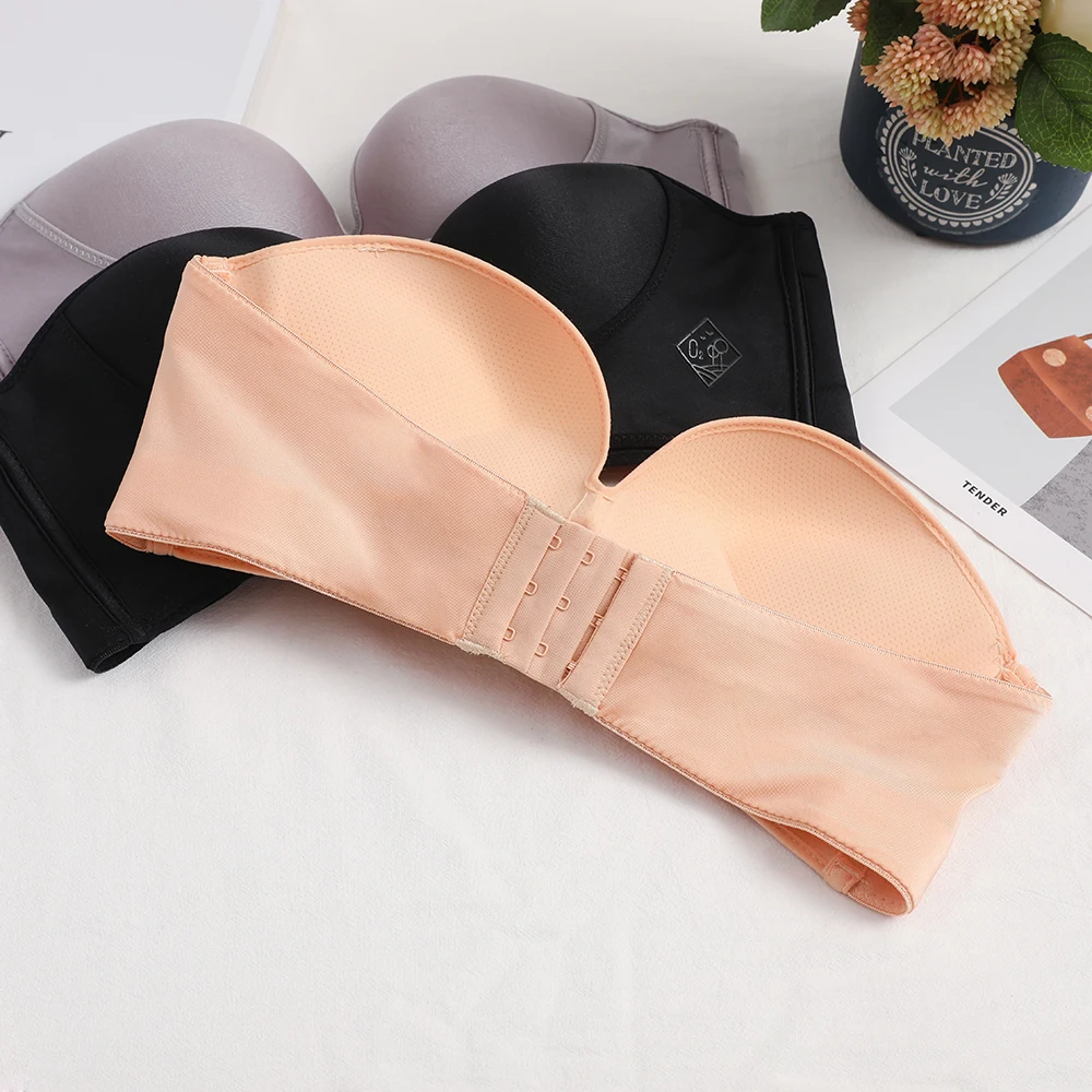 1/2 Cup Push Up Bra Front and Back Buckle Underwear Women Sexy Deep V Strapless Stealth Brassiere Wire Free Thicken lingerie