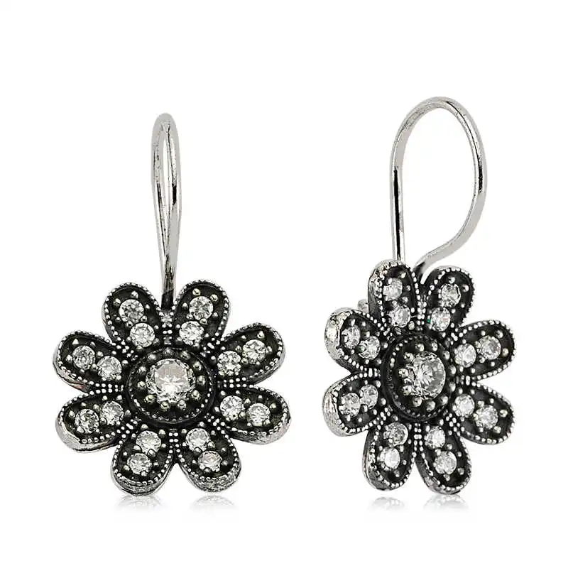 Silver Dangle Flower Earrings Zircon Stone 925 Sterling Women for Jewelry Wedding Party Birthday Gift - Box - Fashion Girl Accessories