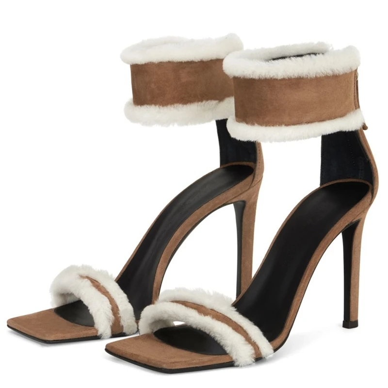 

Furry Sandals Square Toe Thin Heel Women Shoes 2020 New Arrivals Back Zipper Ankle Strap Concise Dress Shoes Stiletto Heel