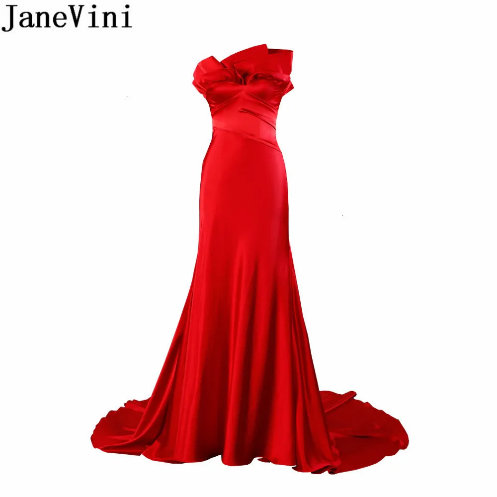 JaneVini-vestido largo de noche para mujer, prenda elegante con cola plisada, trompeta, sirena, rojo