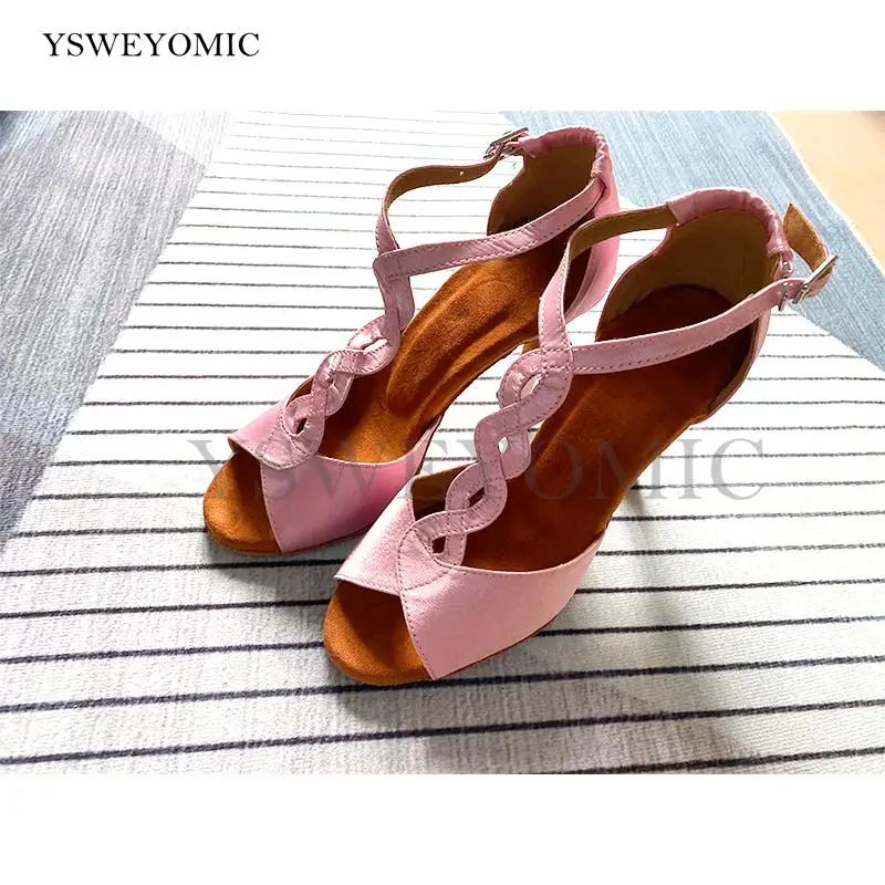 Zapatos de baile latino para mujer, sandalias de satén rosa, zapatos de baile de salón y Salsa de tacón alto, plantilla suave de 10cm y 4 pulgadas,