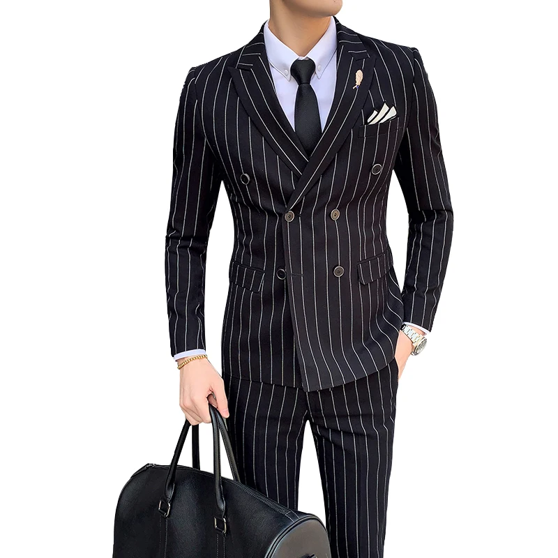 Luxury men\'s striped wedding casual tuxedo men\'s British slim suit 2pcs men\'s quality business social club suit Costume homme