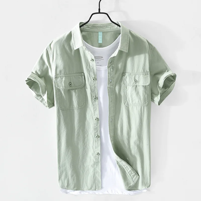 Spring and Summer New Men Casual Cotton Short-sleeved Shirt White Green Safari Style Multi-pocket Grey Workwear GA-Z151