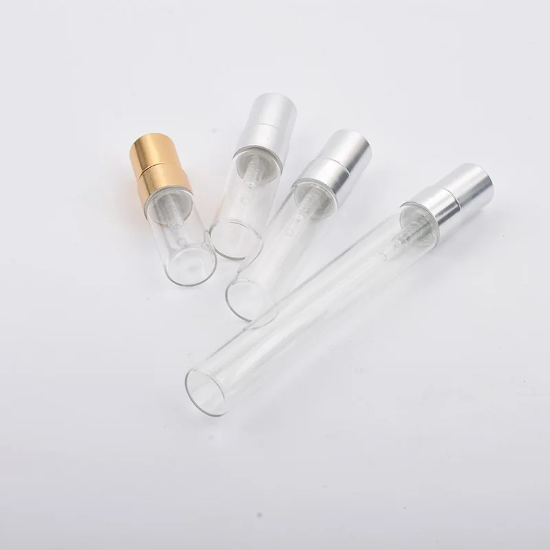 100 sztuk 2ml 3ml 5ml 10ml Atomizer szklany butelka wielokrotnego napełniania Colorfull aluminium cap perfumy w sprayu butelki butelki podróżne