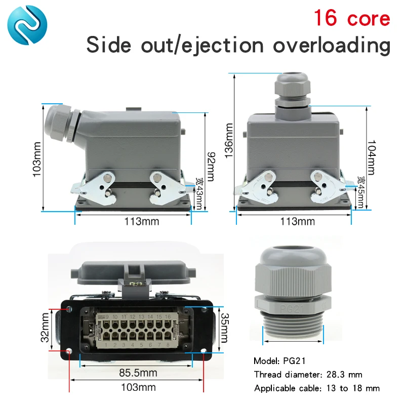 Rectangular Heavy Duty Connector HDC-HE-16-5 Waterproof Aviation Industry  16 Core Pins Plug Socket With Cover 500V 16A