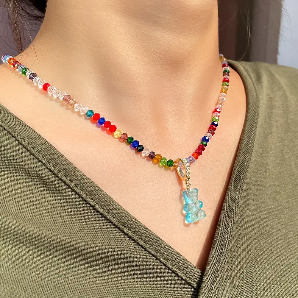 Korean Glass Beaded Collar Shiny Jelly Gummy Bear Pendant Necklace Jewelry Silver Color Zircon Mini Bears Beads Neckalces Women