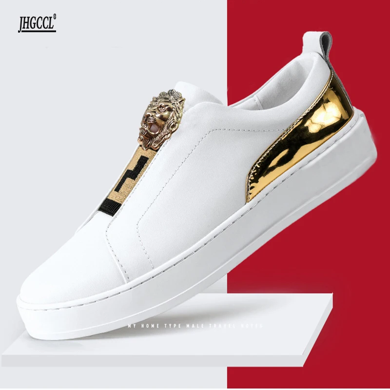 

New men's casual shoes white high-quality cowhide flats Metal accessories men's and women's sneakers P5