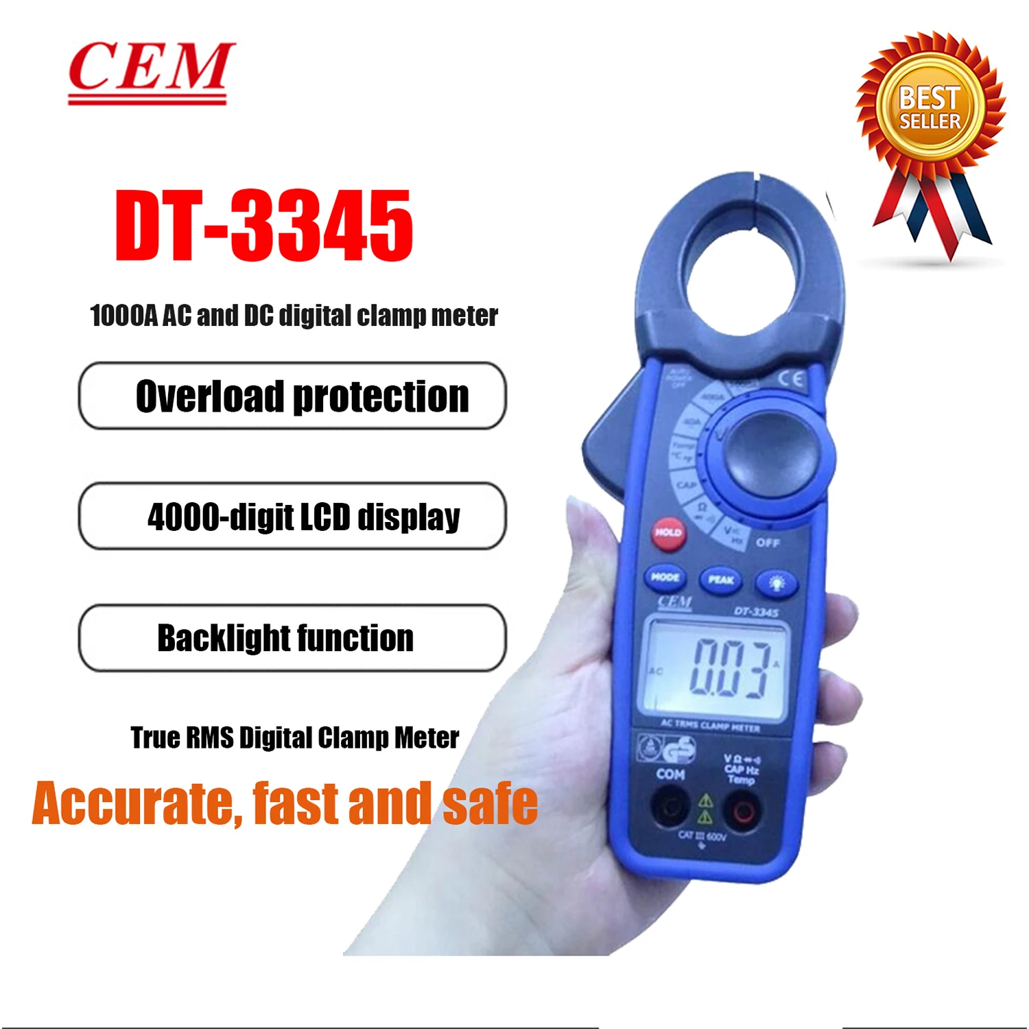 CEM DT-3340 DT-3341 DT-3343 DT-3345 DT-3347 DT-3348 Digital Clamp Type Meter Overload Protection Resistance Diode Test Backlight