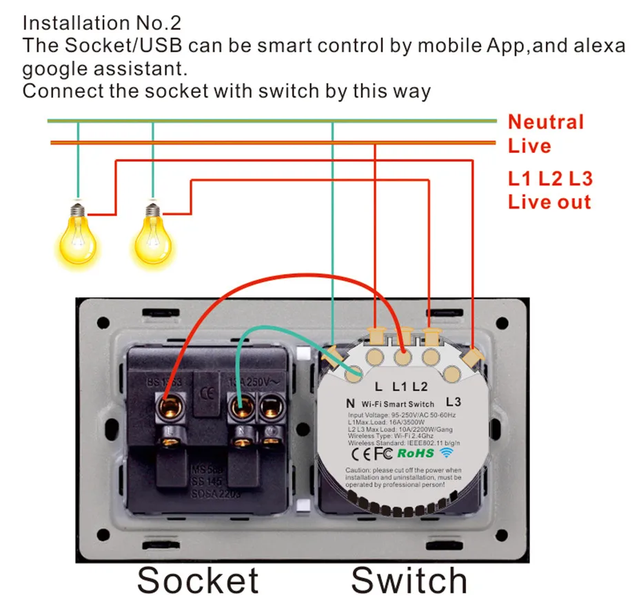 WiFi Smart Switch with USB Port UK Socket 1 2 3 Gang 90V-240V Touch Wall Light Switch Work with Alexa Google Home IFTTT