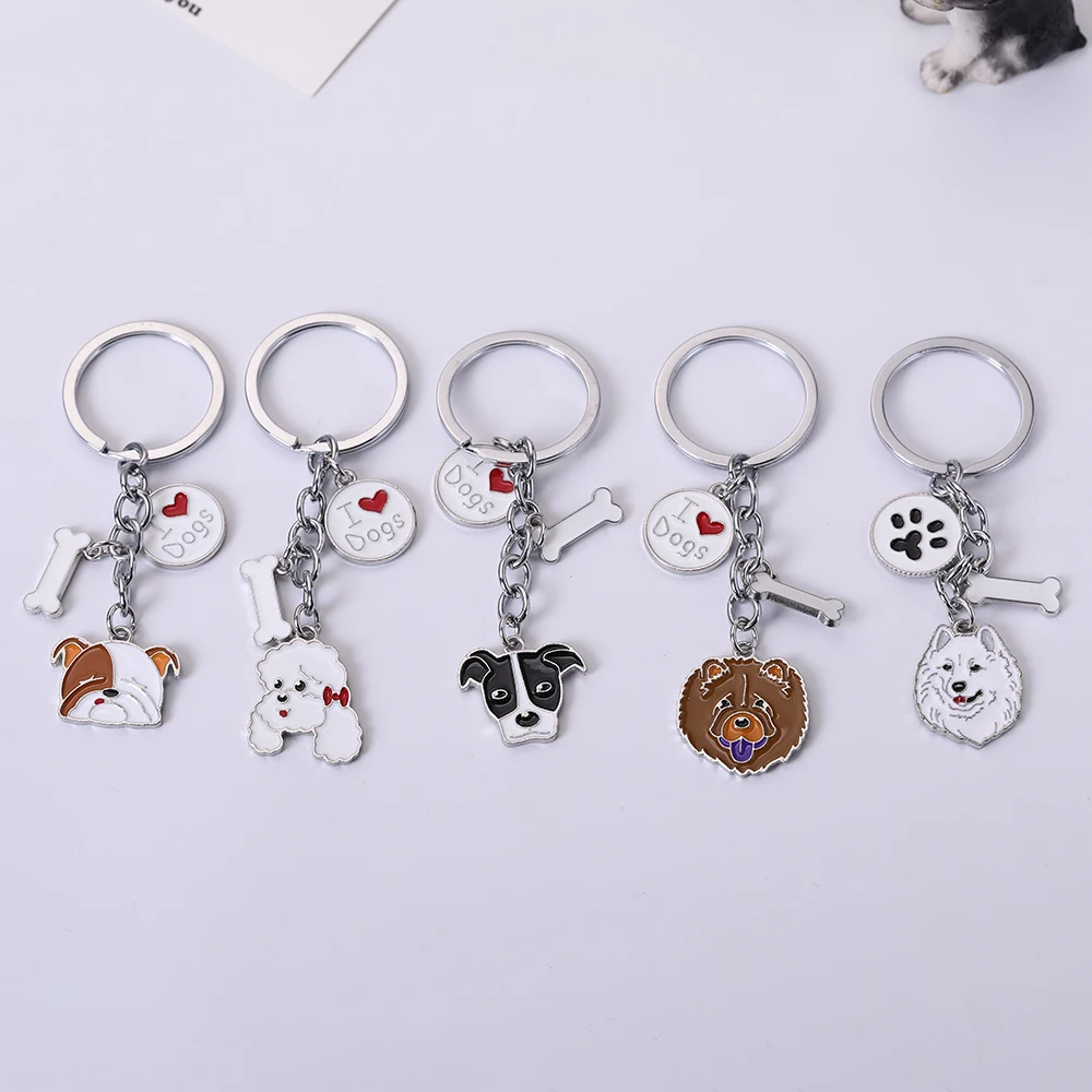 Cute Dog Keychain Metal Pet Memorial Keychain Lovely Animal poodle Chow Chow Bulldog Pendant Bag Charm Jewelry gifts