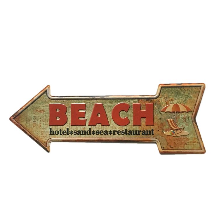 Retro Plaque Arrow Shape Signpost Metal Signs Irregular Plates Cafe Garage Bar Beach Signboard Decorative Painting 45X16CM J002