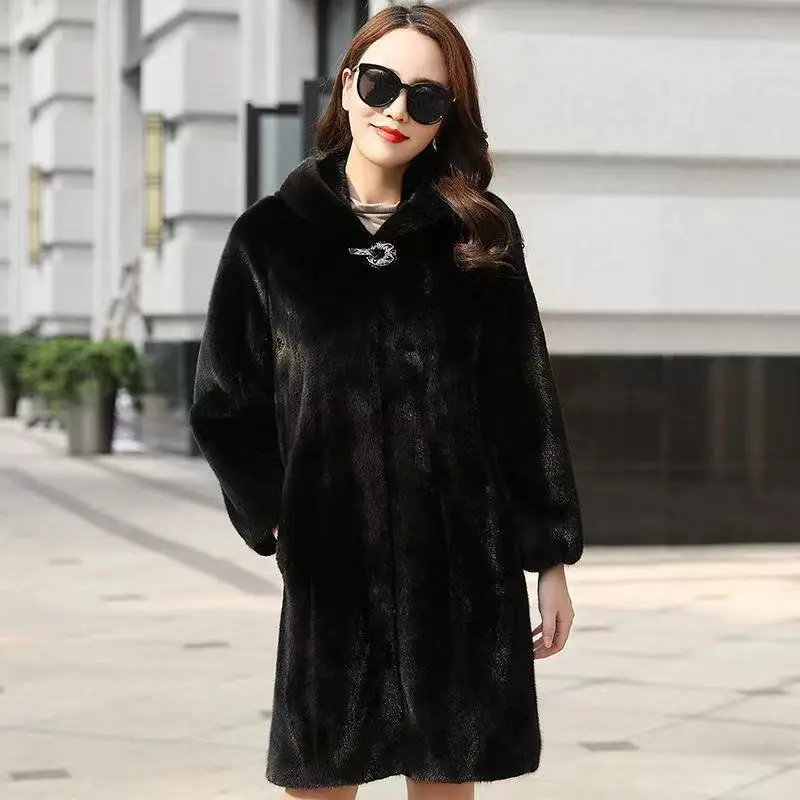 2021 New Women Winter Warm Hooded Jacket Imitation Mink Fur Coat Female Mid-Long Fur Coat Mink Female Oversized Mother Winter Pa