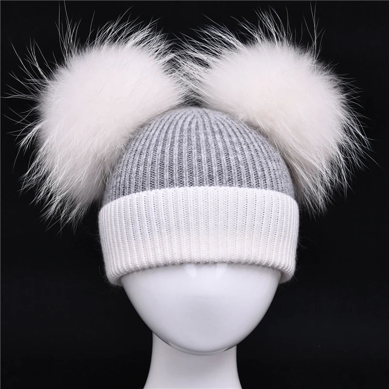 Jxwatcher Children Hat Toddler Kids Baby Warm Winter Wool Hat Knit Beanie Two-color Baby Boys Girls Double Real Fur Pom Pom Hat