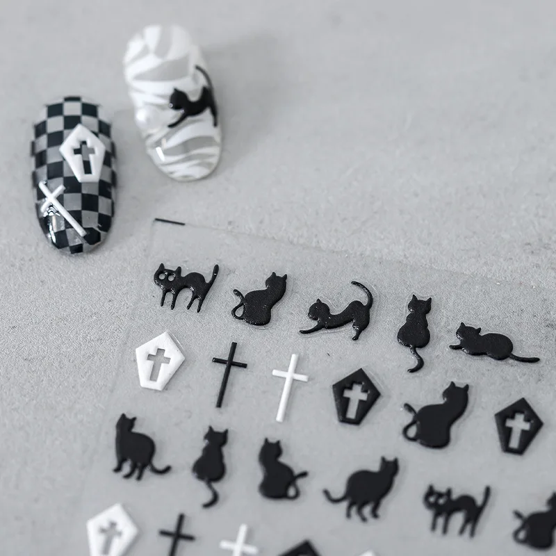 1 Sheet Black Cat Cross Gothic 5D Soft Reliefs Self Adhesive Nail Art Stickers 3D Nail Decorations Decals Wholesale Dropshipping