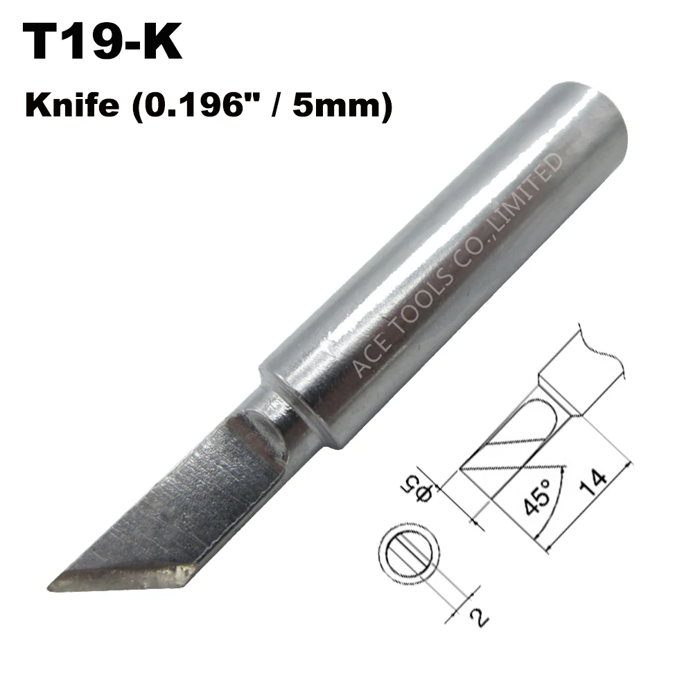 Cuchillo de punta de soldadura T19-K, 5mm, 0.196 ", reemplazo apto para HAKKO FX-601 fx601, mango de soldadura sin plomo, punta de hierro, lápiz de boquilla