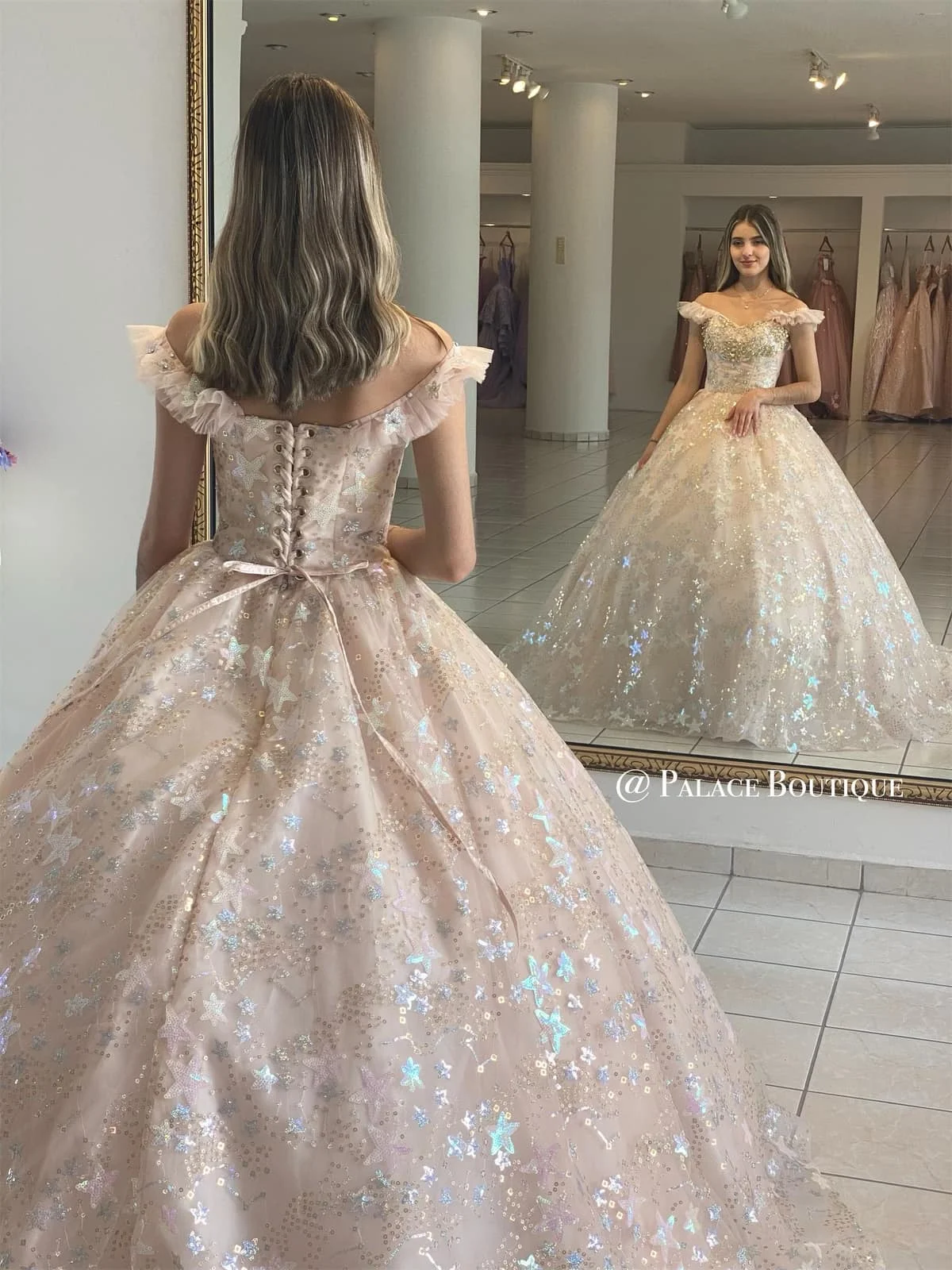 Blush różowa gwiazda 2022 Quinceanera sukienki zasznurować Appliqued Off the Shoulder Ball suknia Prom ubrania imprezowe słodkie 16 sukienka Vestidos