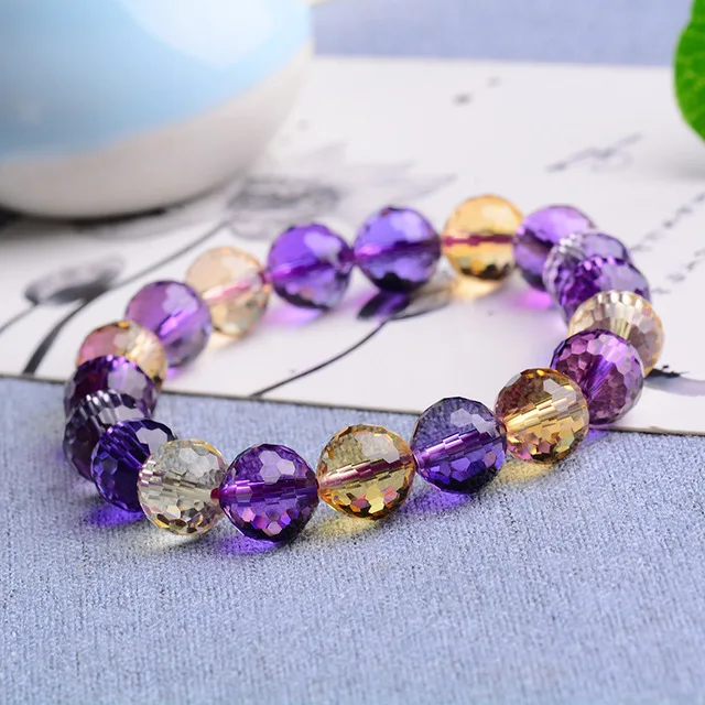 Natural Citrine Amethyst Women Men Bracelet Yellow Purple Faceted Round Beads Charm Ametrine Stretch Crystal 12mm 14mm AAAAA