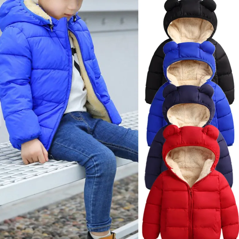 Kids Solid Color Coat, Zipper Open Front Hooded Cotton-padded Jacket for Boys and Girls, Black/ Dark Blue/ Royal Blue/ Red