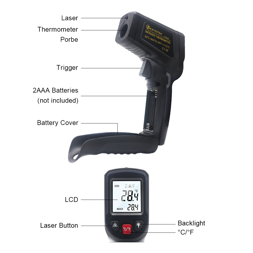 Digital Infrared Thermometer Red Laser Temperature Meter Detector Non-Contact IR Pyrometer LCD Temperature Meter Gun Point