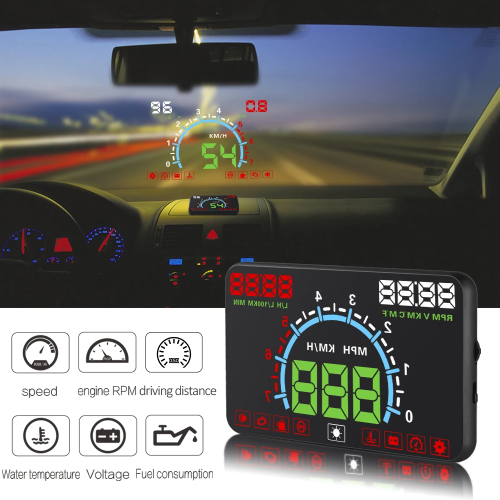 

5.8 inch OBD2 Car HUD Head-Up Display Digital Speed Windshield Projector Overspeed Alarm Water Temp RPM Voltage Plug and Play