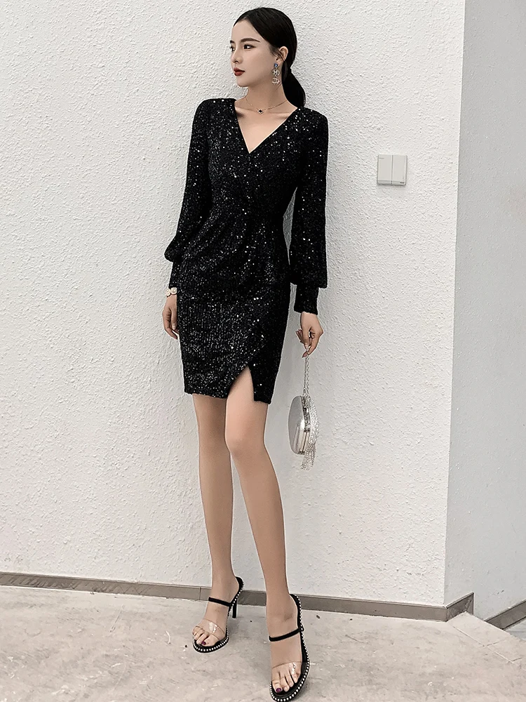 

Women's Elegant Evening Dresses Black Silver V-Neck Long Sleeve Bling Bling Sequins Sexy Slim Prom Fomal Gowns