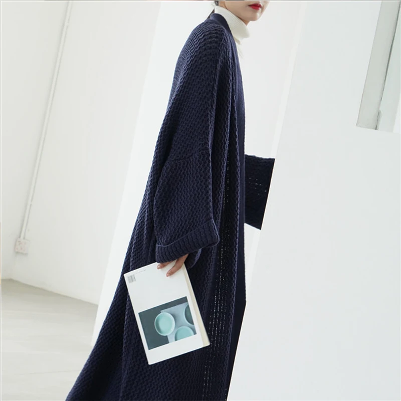 [ZAYAU]Long Large Sweater Coat Women Over the Knee in Autumn and Winter Lazy Loose Oversize Cardigan Solid Color Blue Rice White