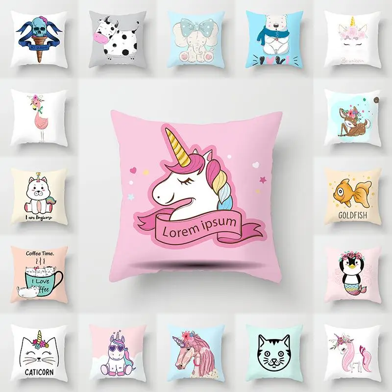 Cute Unicorn Cushion Cover Cartoon Animal Cat Flamingo Polyester Throw Pillow Case Cover Elephant Unicorn Decoration Pillowcases