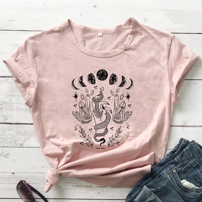 Mystical Moon With Snake T-shirt Trendy Moon Phases Witch Tshirt Camiseta Fashion Women Crescent Moon Graphic Top Tee Shirt